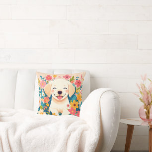 yellow labrador puppy in the middle of flowers cushion