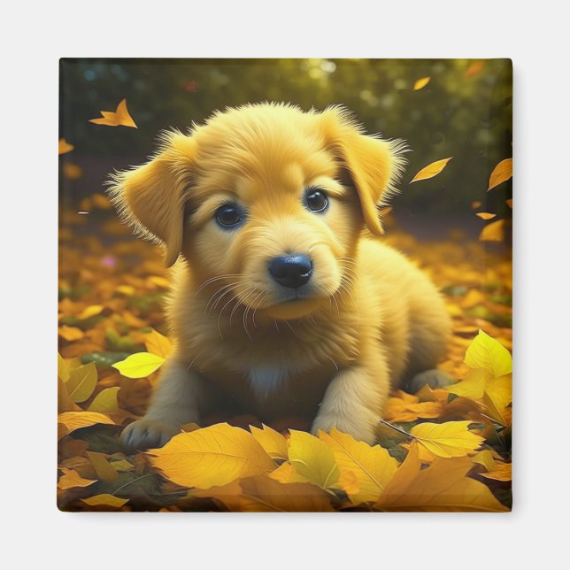 Yellow Labrador Puppy Playing in Fall Leaves Magnet (Front)
