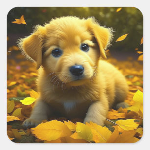 Yellow Labrador Puppy Playing in Fall Leaves Square Sticker