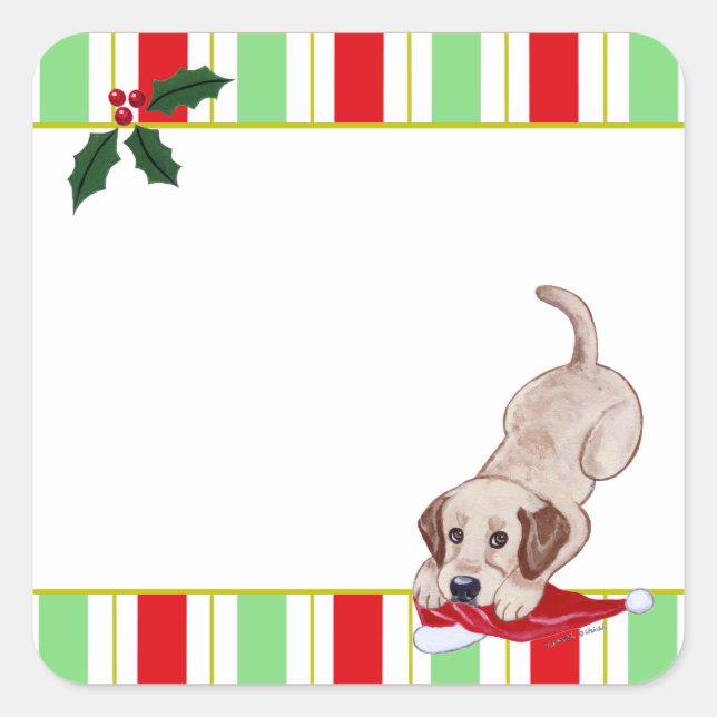 Yellow Labrador Puppy & Santa Hat Christmas Square Sticker (Front)