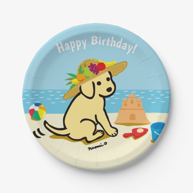 Yellow Labrador Puppy Straw Hat Birthday Paper Plate (Front)