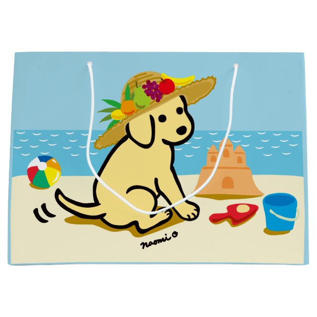 Yellow Labrador Puppy Straw Hat Cartoon Large Gift Bag (Front)