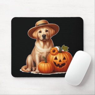Yellow Labrador Puppy Wearing Hat with Pumpkins Mouse Mat
