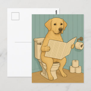 Yellow Labrador Reading Newspaper on Toilet Postcard