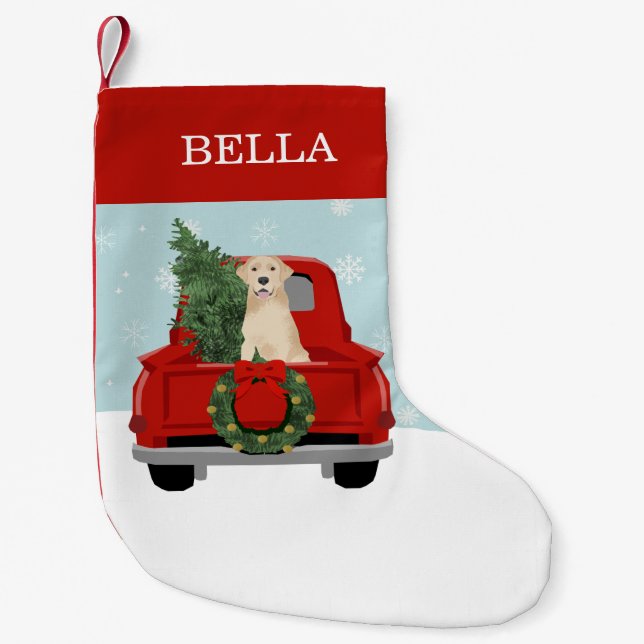 Yellow Labrador Red Christmas Truck Small Christmas Stocking (Front)