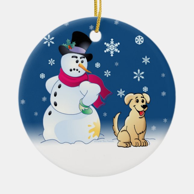 Yellow Labrador Retriever and Snowman Ceramic Tree Decoration (Front)
