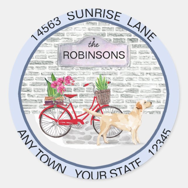 Yellow Labrador Retriever Bicycle Address Moving   Classic Round Sticker (Front)