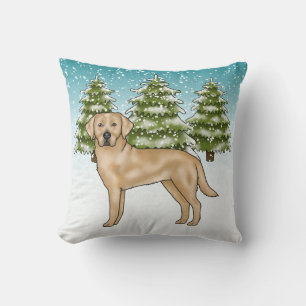 Yellow Labrador Retriever Blue Snow Winter Forest Cushion