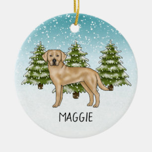 Yellow Labrador Retriever Blue Winter Custom Name Ceramic Tree Decoration