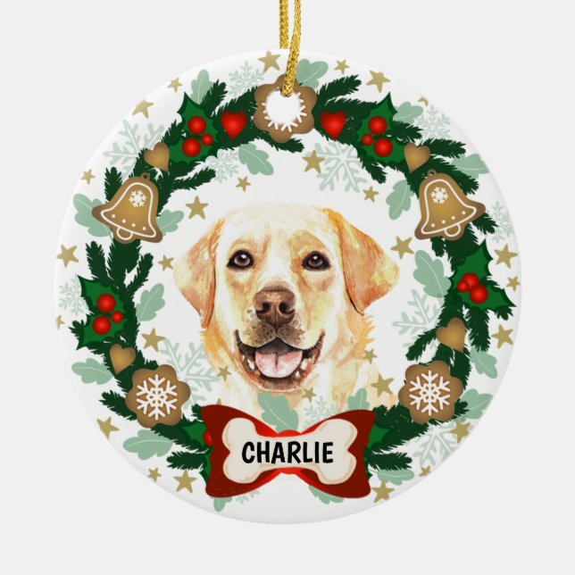 Yellow Labrador Retriever Christmas Cookie Wreath Ceramic Tree Decoration (Front)