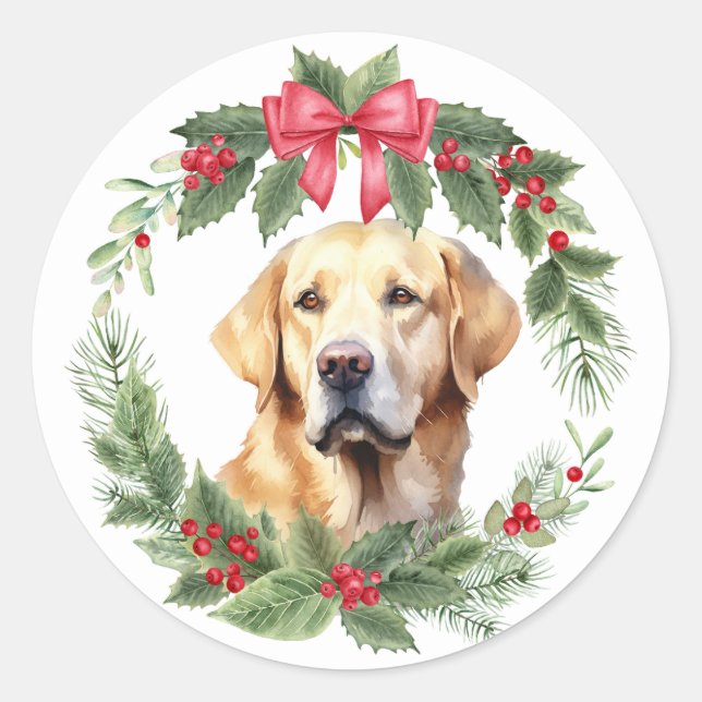 Yellow Labrador Retriever Dog Red Bow Holly Wreath Classic Round Sticker (Front)