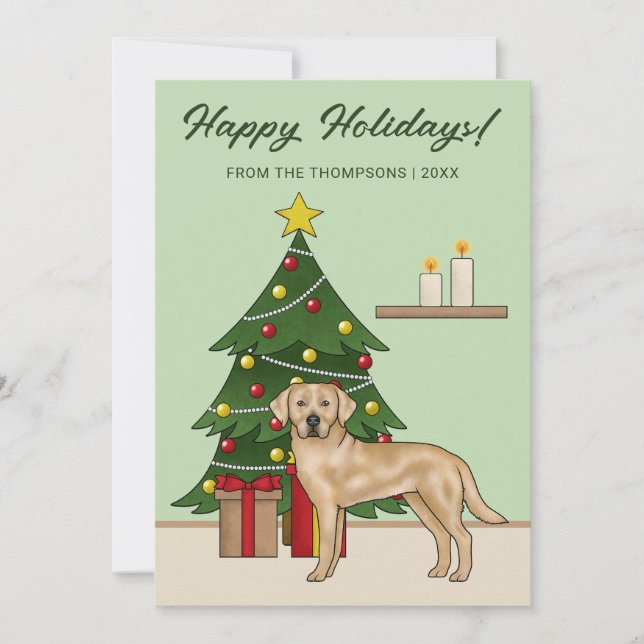 Yellow Labrador Retriever Green Festive Christmas Holiday Card (Front)