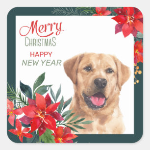 Yellow Labrador Retriever Poinsettia Bouquet Square Sticker