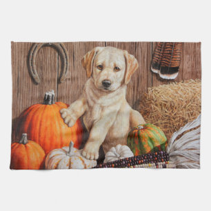 Yellow Labrador Retriever Puppy Dog Pumpkin Autumn Tea Towel