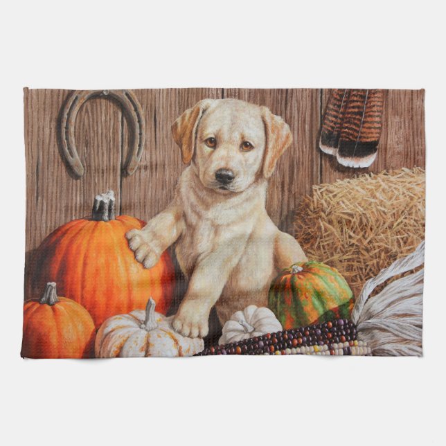 Yellow Labrador Retriever Puppy Dog Pumpkin Autumn Tea Towel (Horizontal)