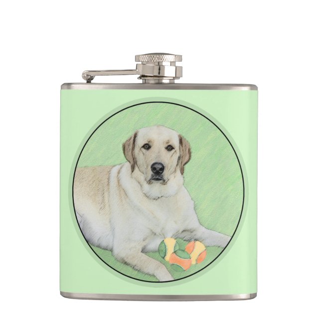 Yellow Labrador Retriever & Tennis Balls Painting Hip Flask (Front)