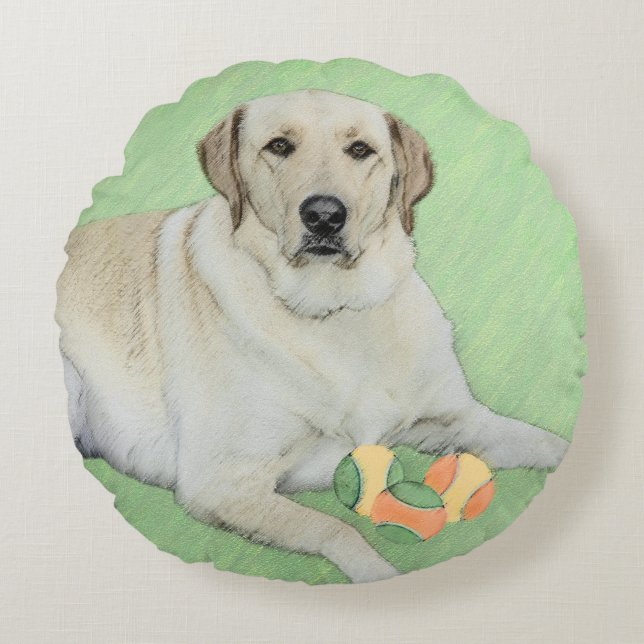 Yellow Labrador Retriever & Tennis Balls Painting Round Cushion (Front)