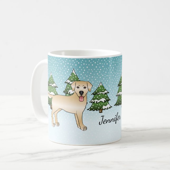 Yellow Labrador Retriever - Winter Forest & Name Coffee Mug (Front Left)