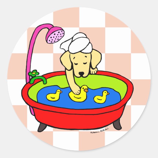 Yellow Labrador & Rubber Ducks Cartoon Classic Round Sticker (Front)