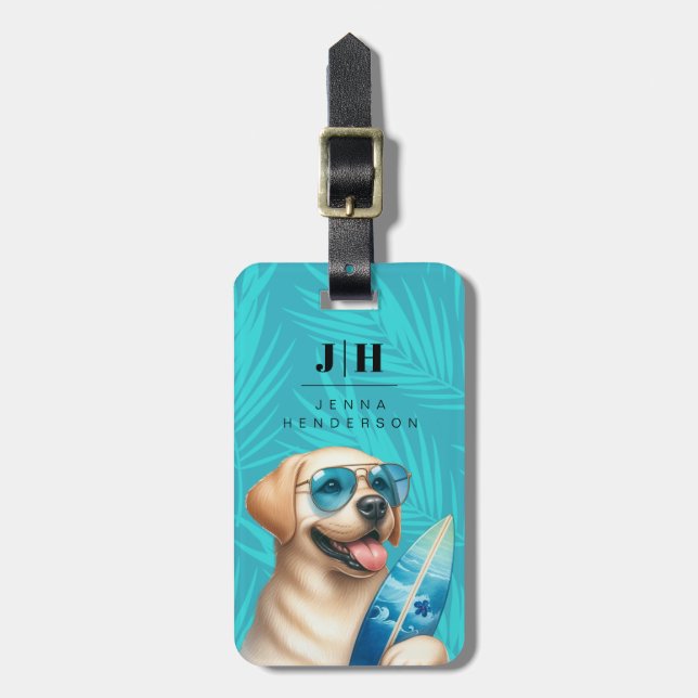 Yellow Labrador Surfing Luggage Tag (Front Vertical)