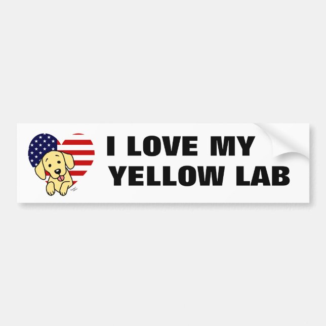 Yellow Labrador & US Flag Heart 1 Cartoon Bumper Sticker (Front)