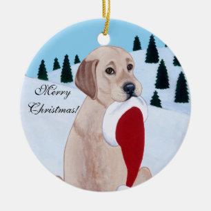 Yellow Labrador with Santa Hat Snowflake Ceramic Tree Decoration