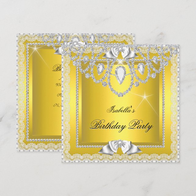 Yellow Lace Elegant Diamonds Silver Birthday Party Invitation (Front/Back)