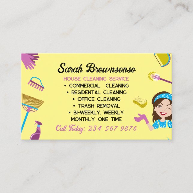 Yellow Lady Housekeeper cleaning Janitorial Business Card (Front)