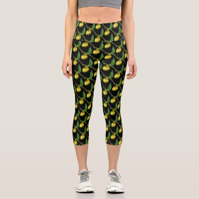 Yellow Lady Slipper Orchid Flower Nature Pattern Capri Leggings (Front)