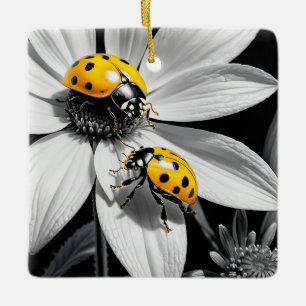 Yellow Ladybugs Beetle On Black White Flower Ceramic Ornament