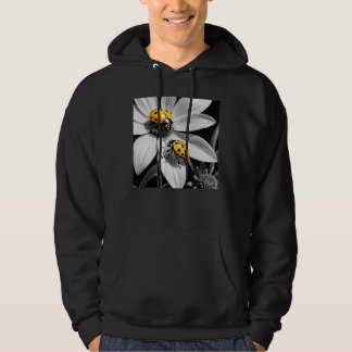 Yellow Ladybugs Beetle On Black White Flower Hoodie