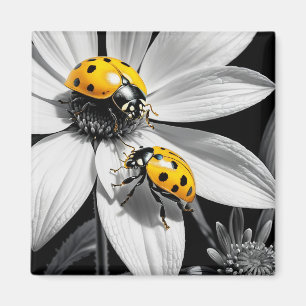 Yellow Ladybugs Beetle On Black White Flower Magnet
