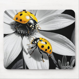 Yellow Ladybugs Beetle On Black White Flower Mouse Mat
