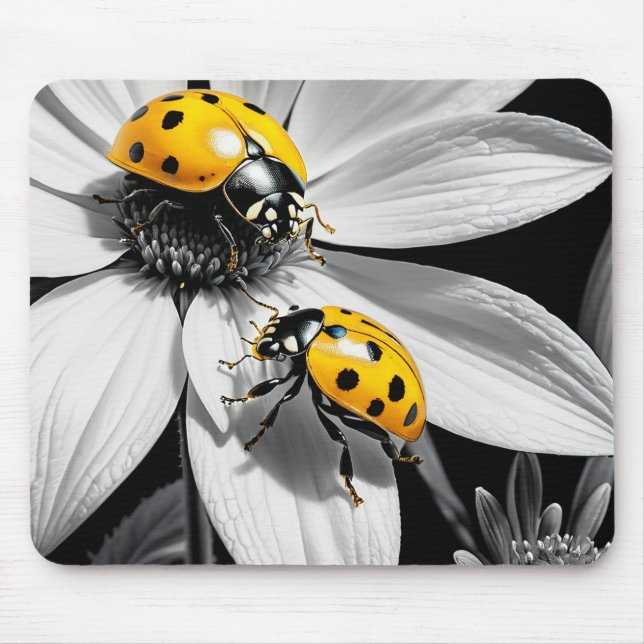 Yellow Ladybugs Beetle On Black White Flower Mouse Mat (Front)