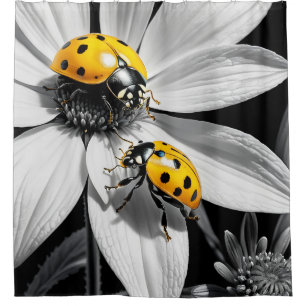 Yellow Ladybugs Beetle On Black White Flower Shower Curtain