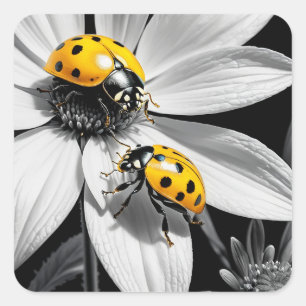 Yellow Ladybugs Beetle On Black White Flower Square Sticker