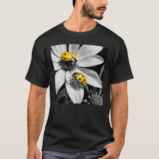 Yellow Ladybugs Beetle On Black White Flower T-Shirt