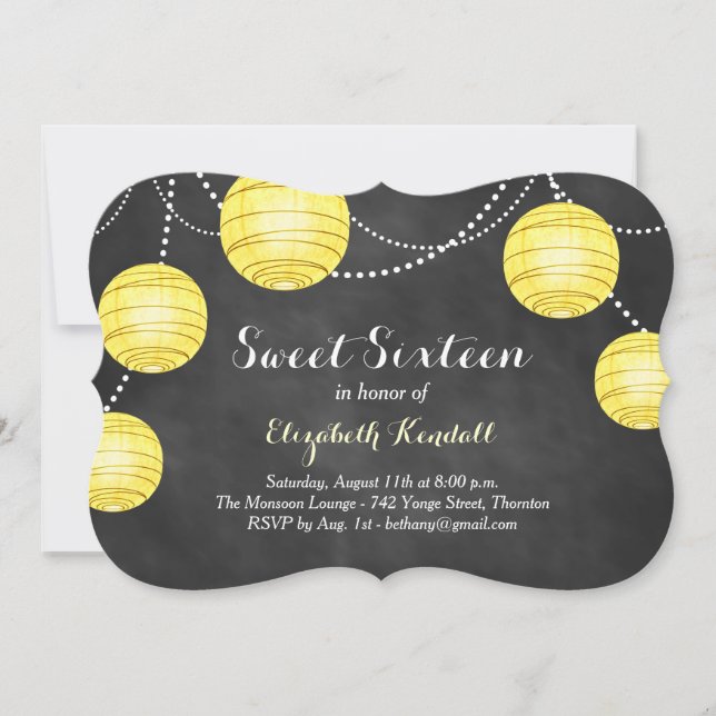 Yellow Lanterns on Chalk Sweet Sixteen Invitation (Front)