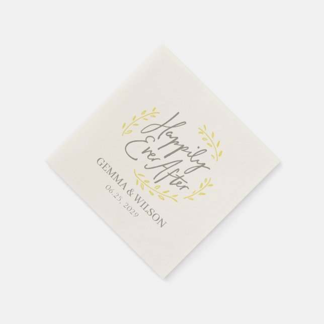 Yellow Laurel Leaves Happily Ever After Wedding Napkin (Corner)