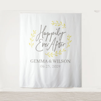 Yellow Laurel Leaves Happily Ever After Wedding Tapestry