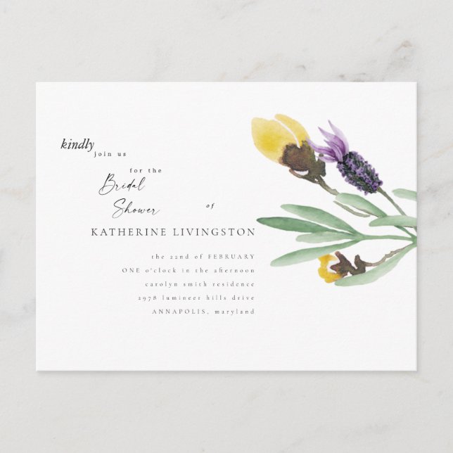 Yellow & Lavender Floral Bridal Shower Invitation Postcard (Front)