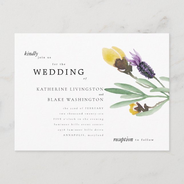 Yellow & Lavender Floral Budget Wedding Invitation (Front)