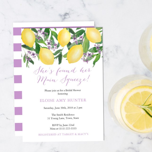 Yellow Lavender Lemons Main Squeeze Bridal Shower Invitation (Creator Uploaded)