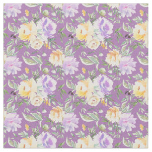 Yellow Lavender Roses Fabric Purple Background