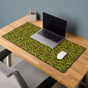 Yellow Leaf Motif Pattern on Dark Green Background Desk Mat