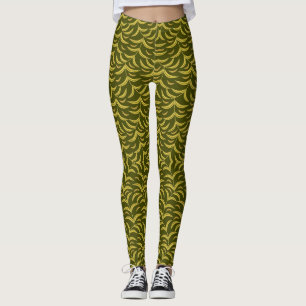 Yellow Leaf Motif Pattern on Dark Green Background Leggings