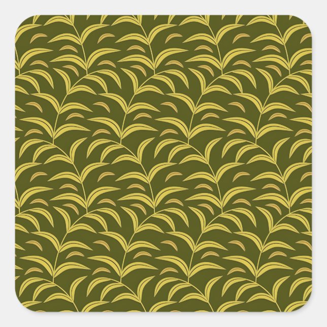 Yellow Leaf Motif Pattern on Dark Green Background Square Sticker (Front)