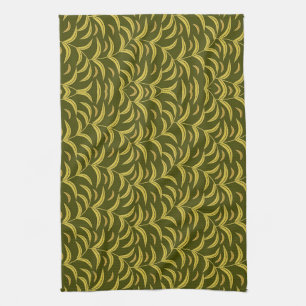 Yellow Leaf Motif Pattern on Dark Green Background Tea Towel