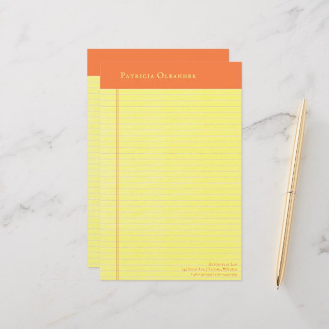 Yellow Legal Pad Style Peach Top Stationery (Front/Back In Situ)