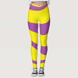Yellow Leggings Stretch Pants With Purple Stripes 